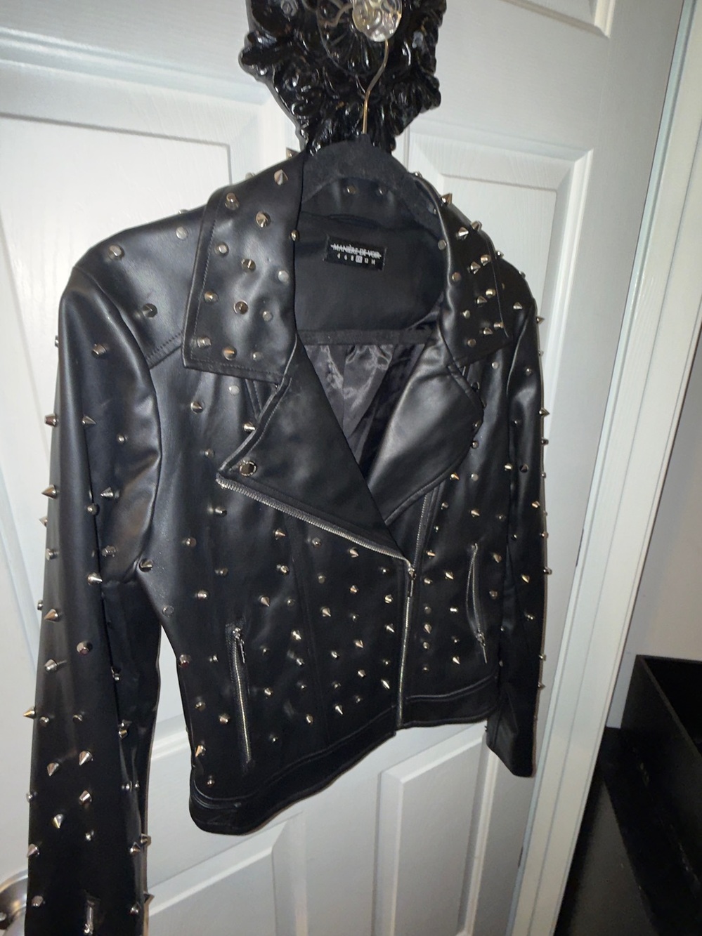 Maniere De Voir Studded Black Faux Leather Biker Jacket Women’s